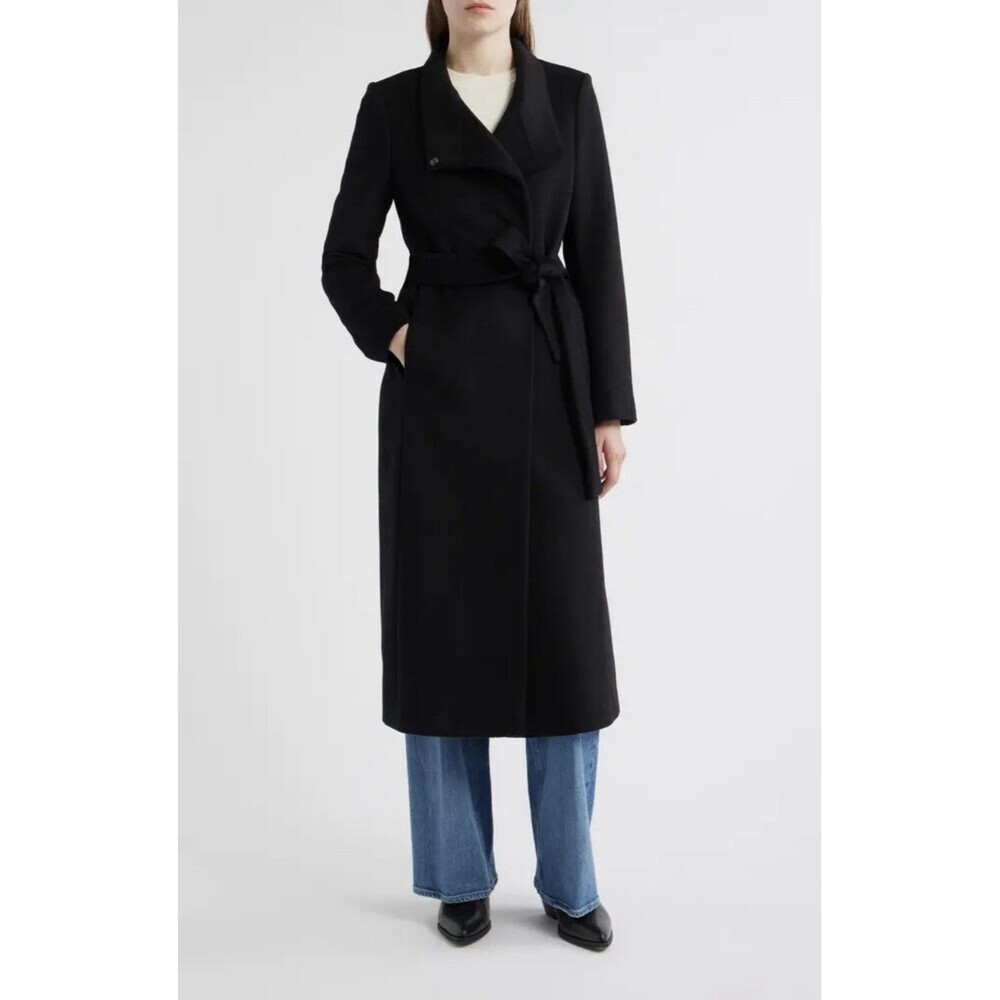 Sam Edelman Stand Collar Black Wrap Wool Blend Belted Coat Women’s 14 NWT $240